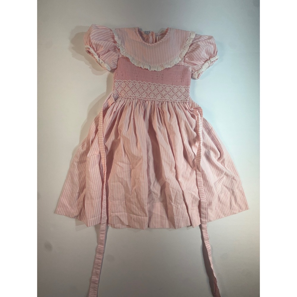 Vive La Fete Karla Lacayo Pink White Striped Smocked Lace Dress Girls 5